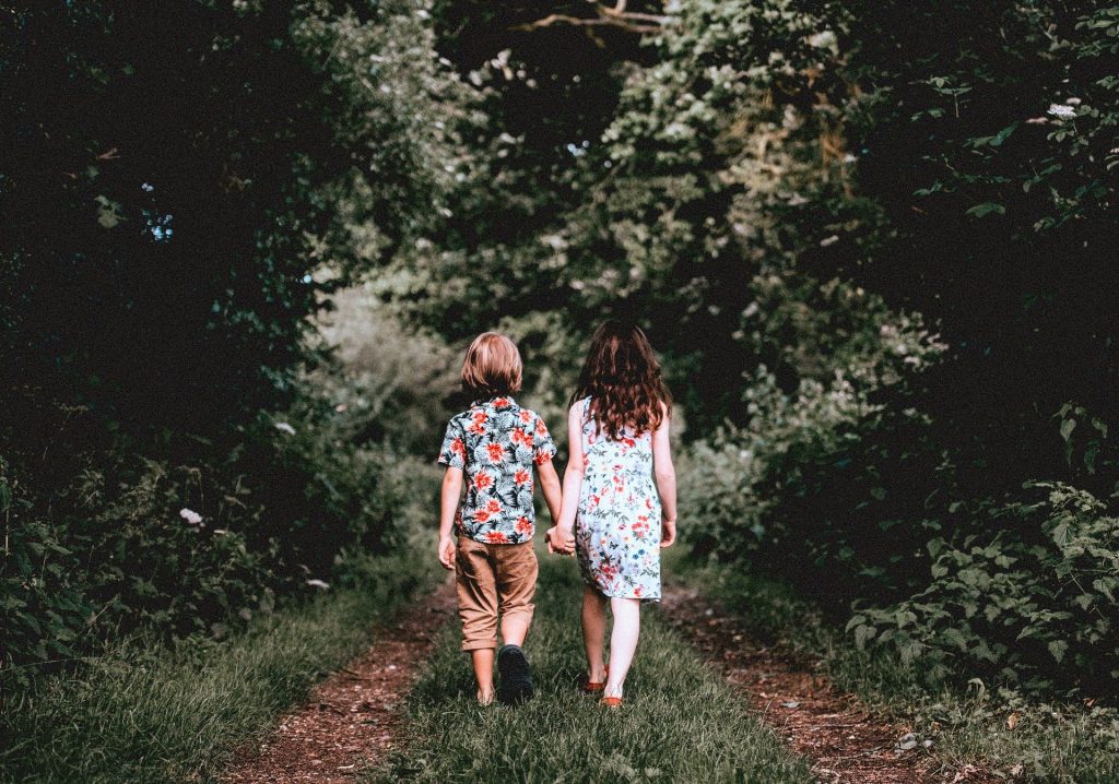 ふたりの少年と少女が手をつないで木々のなかを歩いている後ろ姿